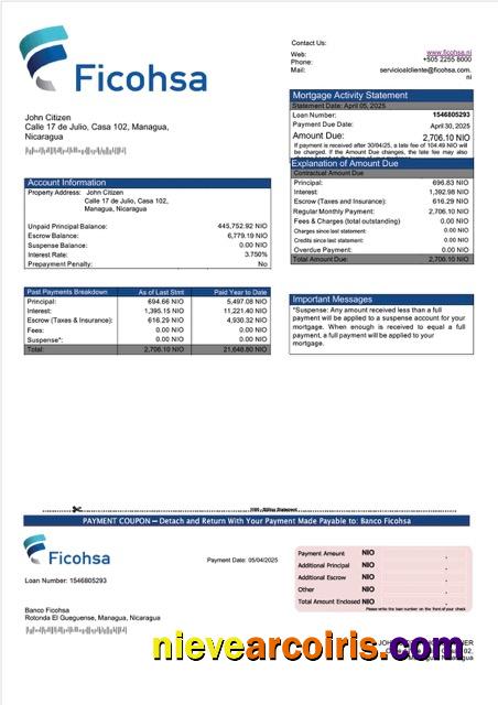 Nicaragua Banco Ficohsa mortgage statement Word and PDF template